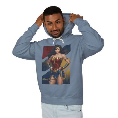 Wonder Woman Hoodie | DC Comics Hoodie | Anime Warrior Goddess Pullover modeled by man wearing blue pullover featuring anime-style Wonder Woman graphic