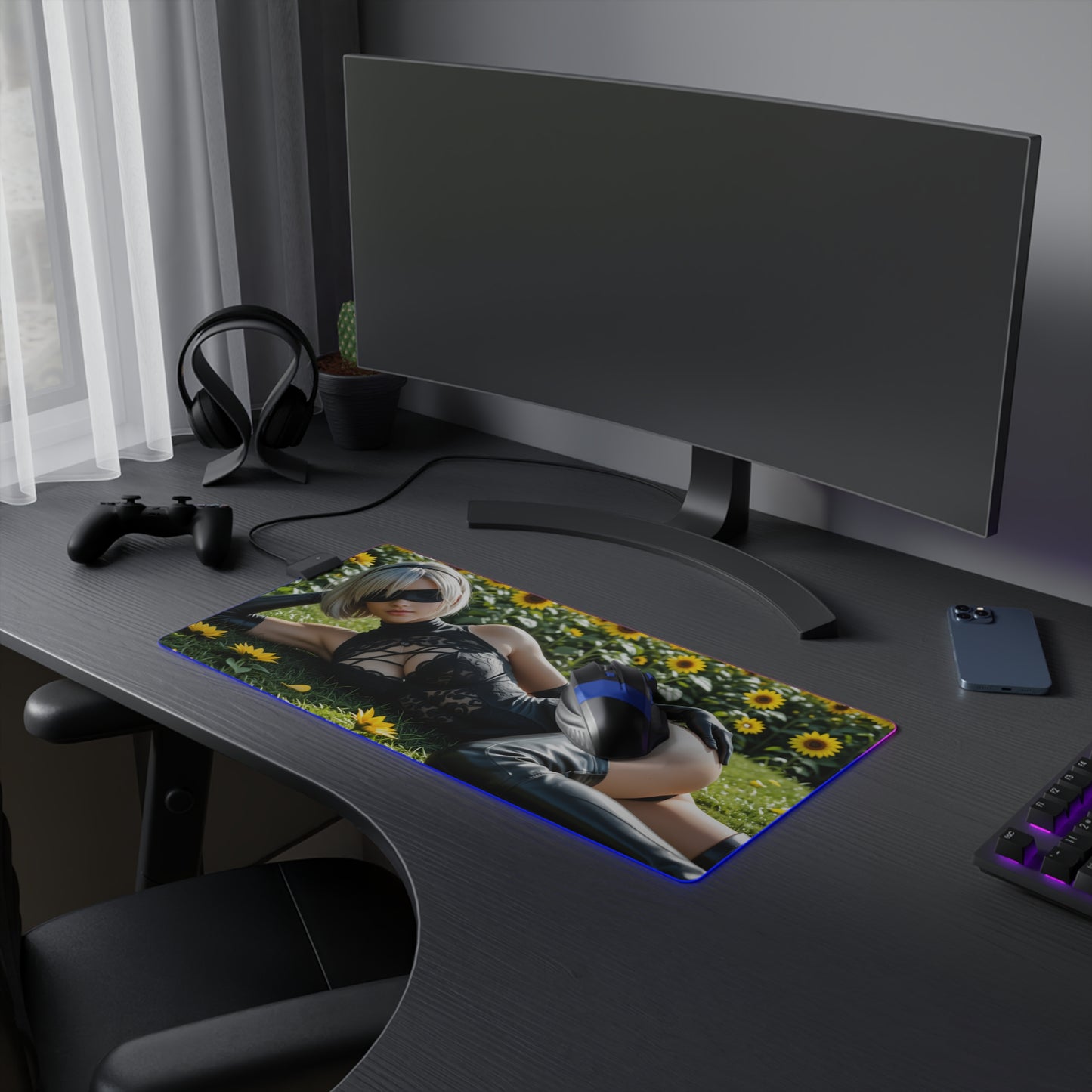 2B Schreibtischunterlage – LED RGB-Pad, Nier Automata Waifu Anime-Mädchen Gaming-Setup
