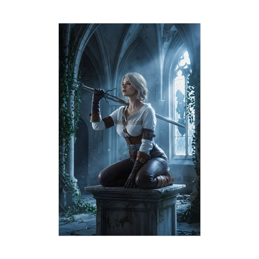 Ciri Poster, Witcher Series Print, Legendary RPG Hero Art Wall Decor - Ciri kneeling on pedestal with sword in gothic lighted cathedral scene