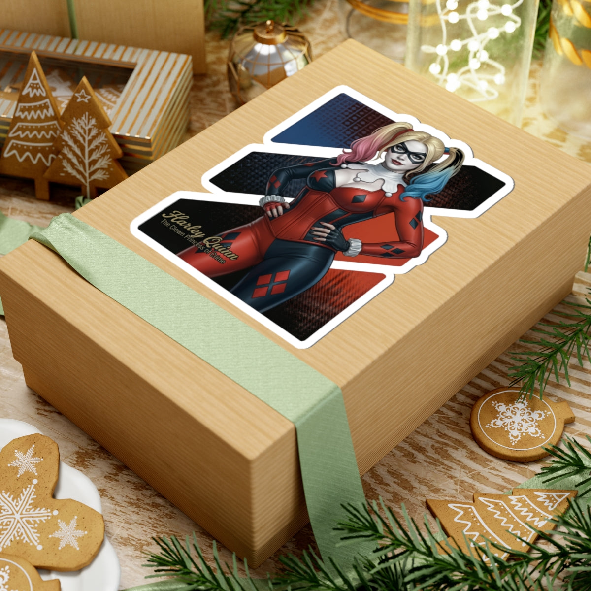 Harley Quinn Sticker – Comic Character Vinyl Sticker for Laptops & Indoor Decor on gift box showing glossy vibrant vinyl decal of comic-style Harley Quinn character
