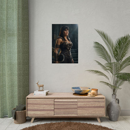 Xena Poster, Warrior Princess Art Print – Iconic Fantasy Heroine Wall Art showing armored Xena as bold centerpiece for gamer rooms and collector displays