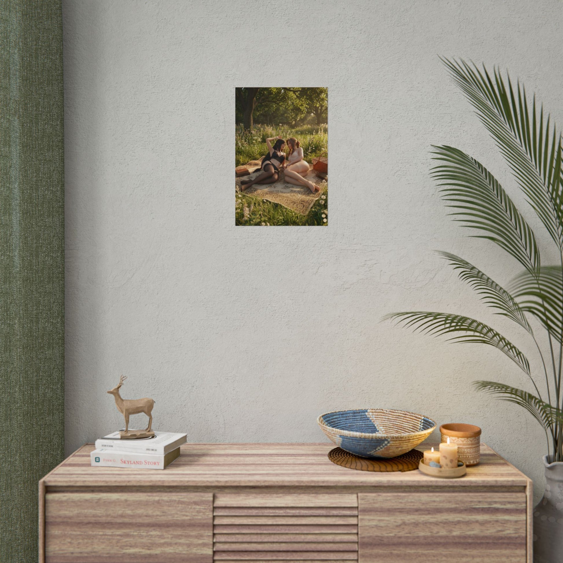 Tifa Aerith Poster, Final Fantasy VII Art Print – Iconic Game Duo Decor shown as small wall art above minimalist console in stylish gamer room