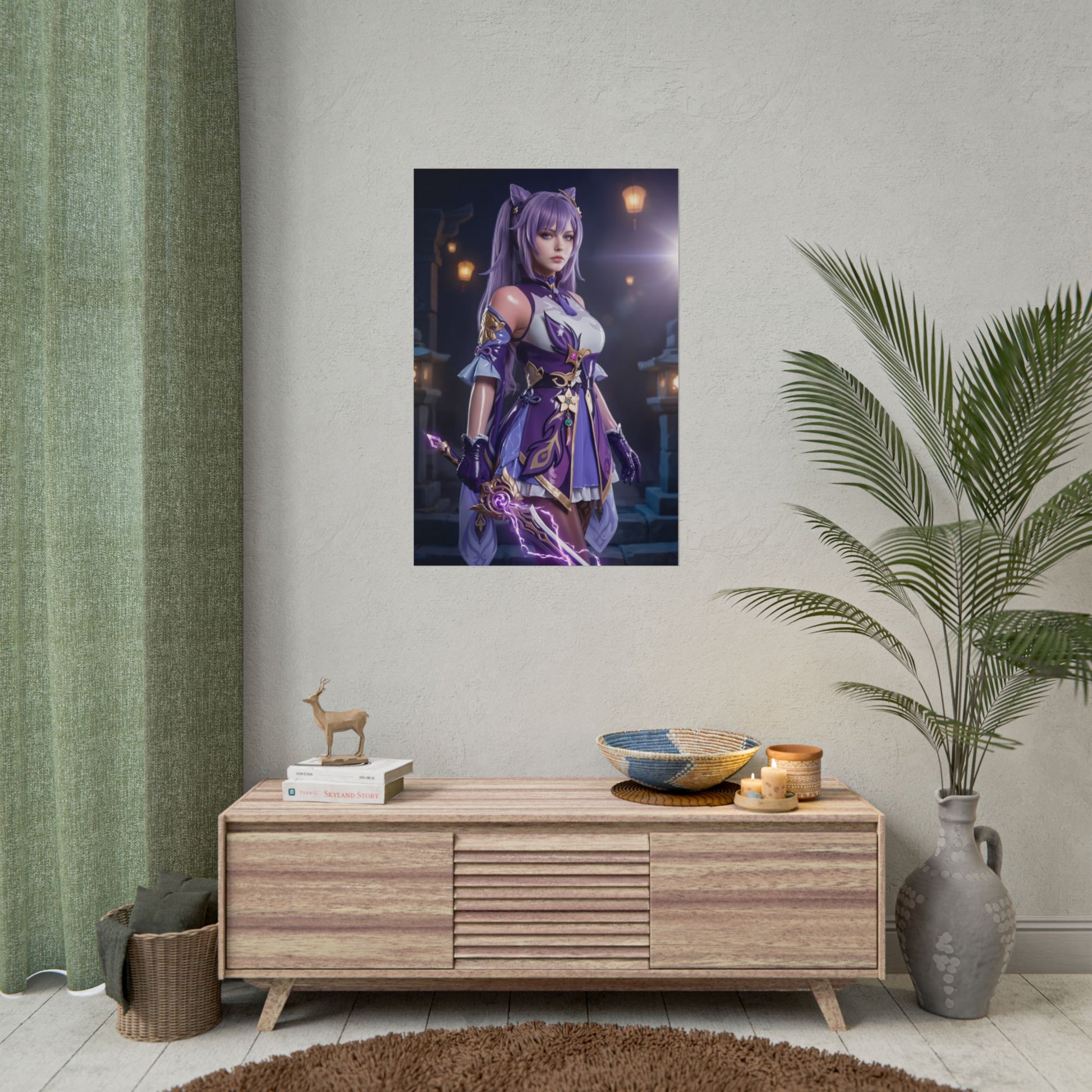 Keqing Poster, Genshin Impact Art Print – Iconic Electro Heroine Wall Art showing Keqing in purple armor sword pose as framed gaming room decor