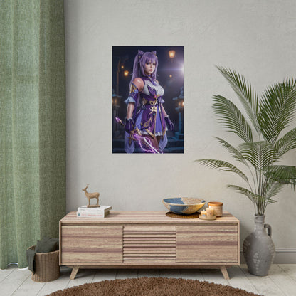 Keqing Poster, Genshin Impact Art Print – Iconic Electro Heroine Wall Art showing Keqing in purple armor sword pose as framed gaming room decor