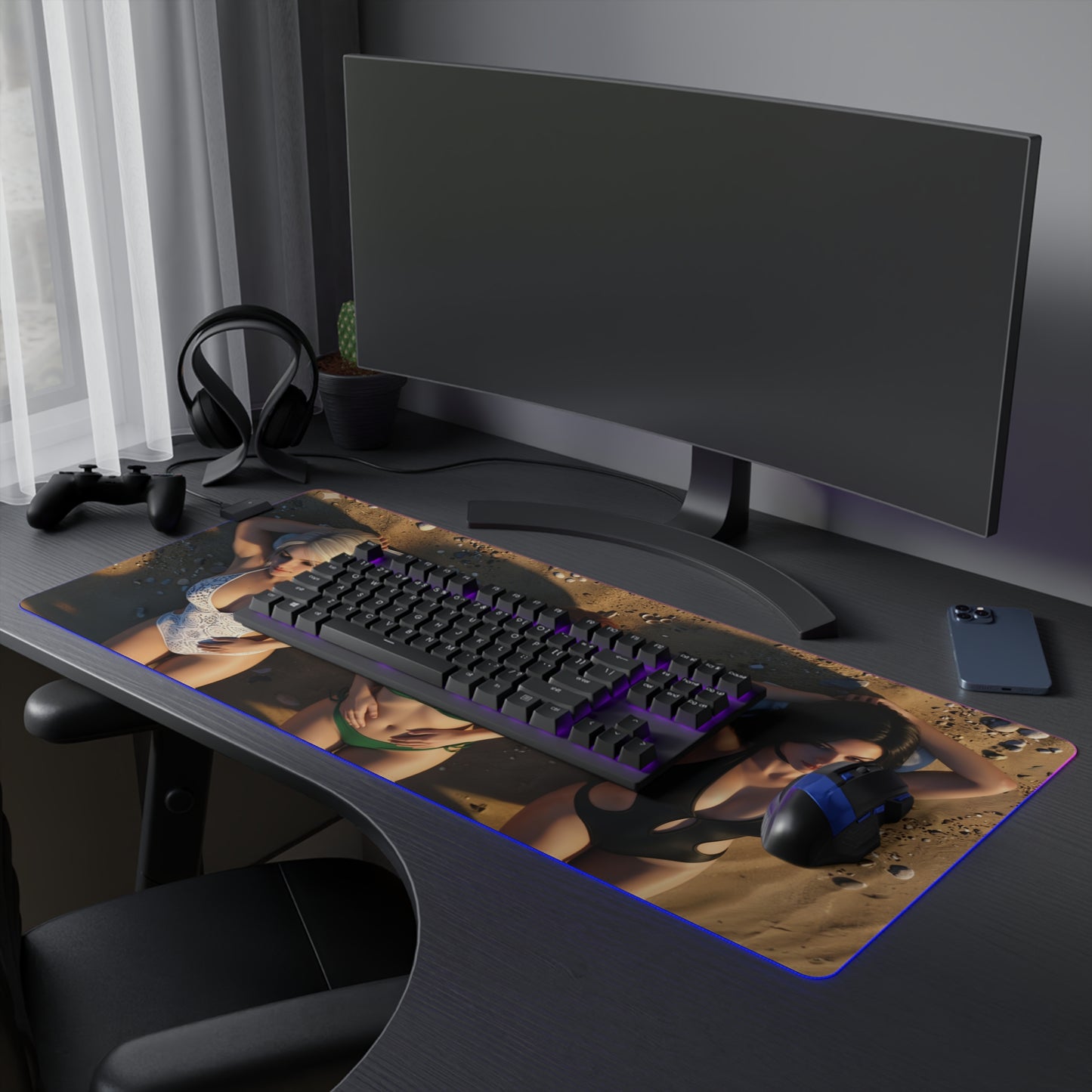 Ciri, Triss Merigold & Yennefer Desk Mat – LED RGB Pad showing trio sorceresses design on oversized RGB gaming desk mat