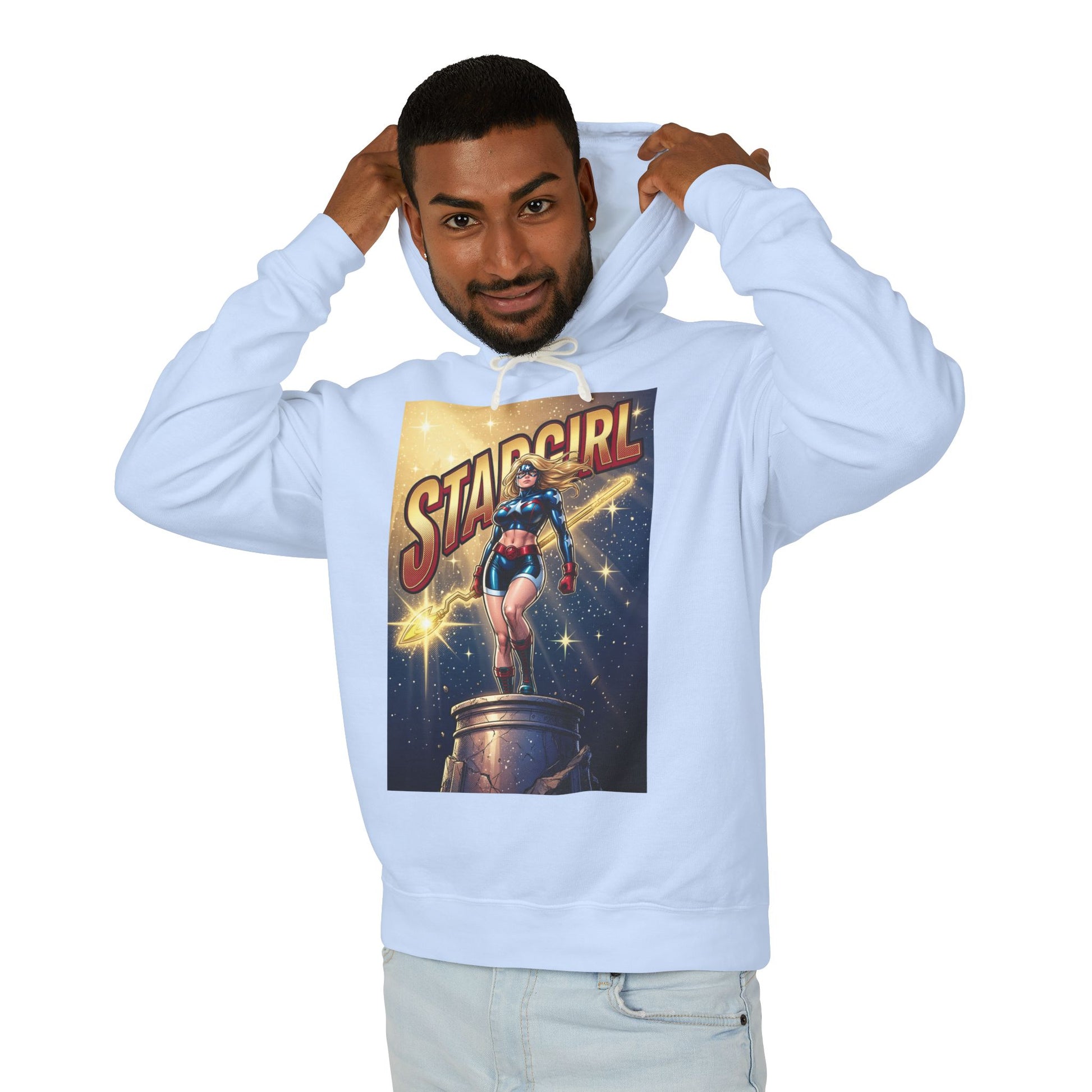 Stargirl Hoodie | DC Superhero Hoodie | Cosmic Staff Pullover modeled by smiling man wearing light blue hoodie with Stargirl comic art