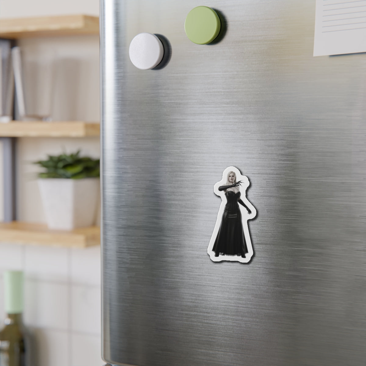 Lady Dimitrescu Magnet – Resident Evil Village Fridge Magnet, Game Decor: die-cut vinyl anime-style Lady Dimitrescu fridge magnet on stainless steel refrigerator