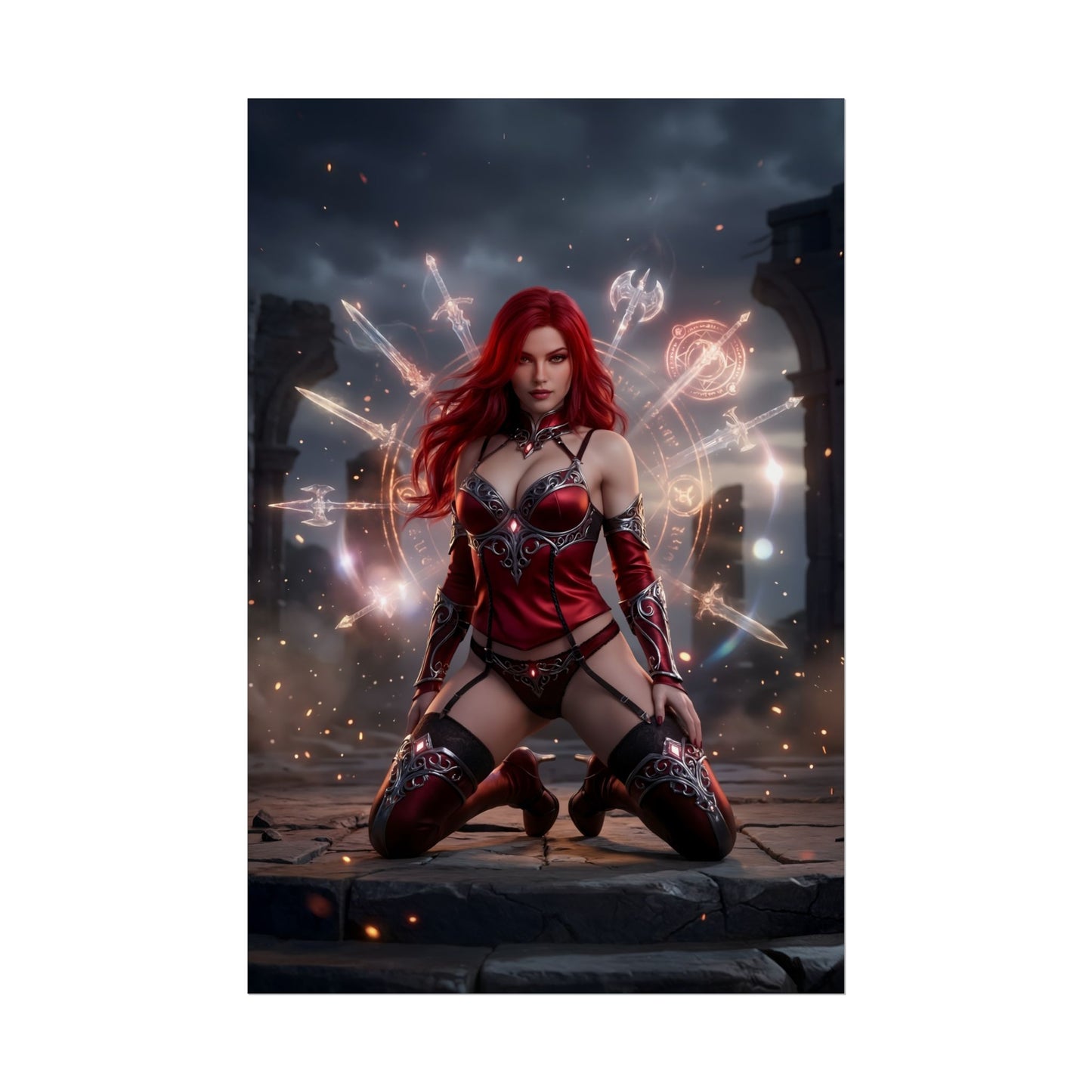 Erza Scarlet Poster / Erza Scarlet Wall Art / Erza Scarlet Art Print / Fairy Tail Poster - powerful mage kneeling in armored red outfit surrounded by glowing arcane symbols