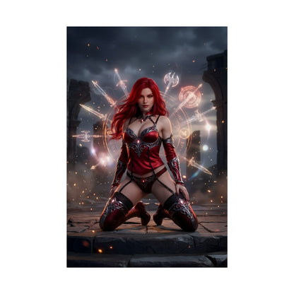 Erza Scarlet Poster / Erza Scarlet Wall Art / Erza Scarlet Art Print / Fairy Tail Poster - powerful mage kneeling in armored red outfit surrounded by glowing arcane symbols