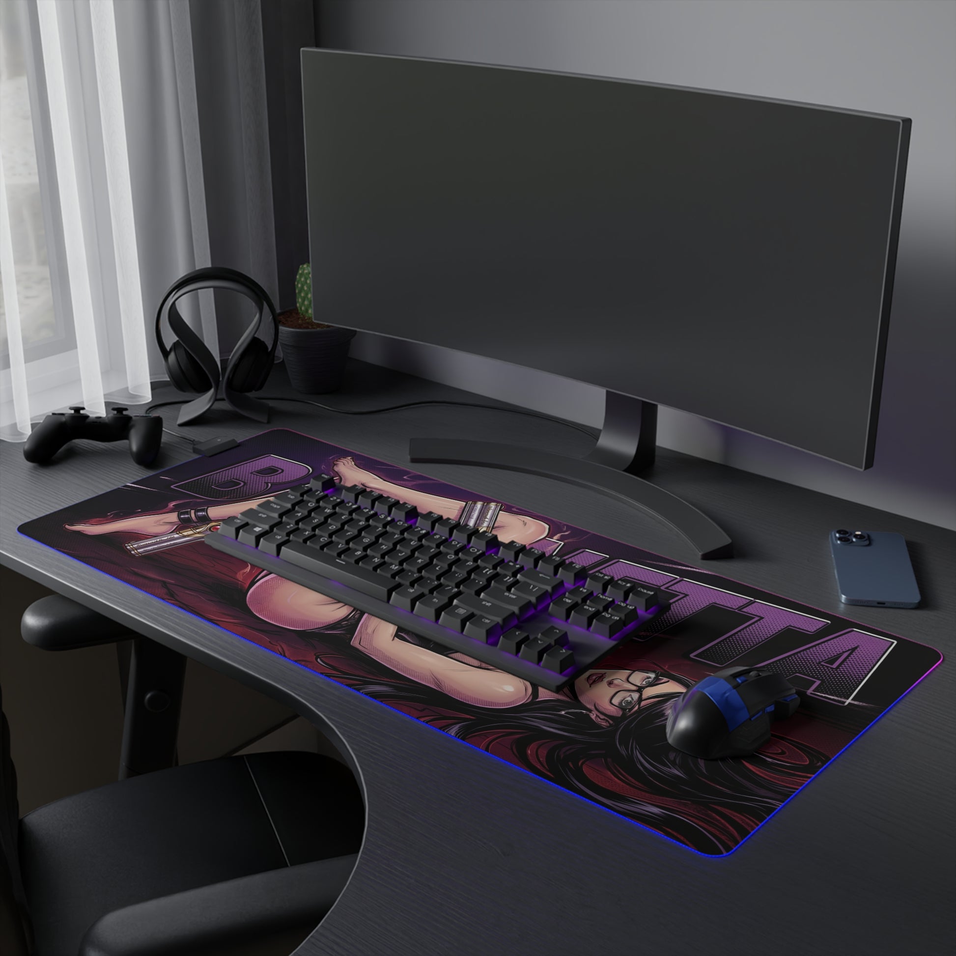 Bayonetta RGB Desk Mat, Action Game Gaming Mouse Pad, LED Desk Mat for Gamer Setup showing character art, RGB edge lighting and full-size mouse pad