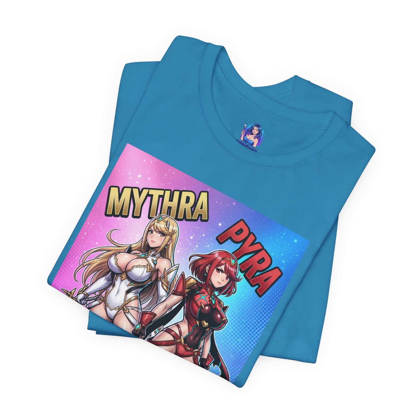 Mythra and Pyra T-Shirt | Anime Tee for Gamers showing Mythra and Pyra illustration on a blue Bella Canvas tee