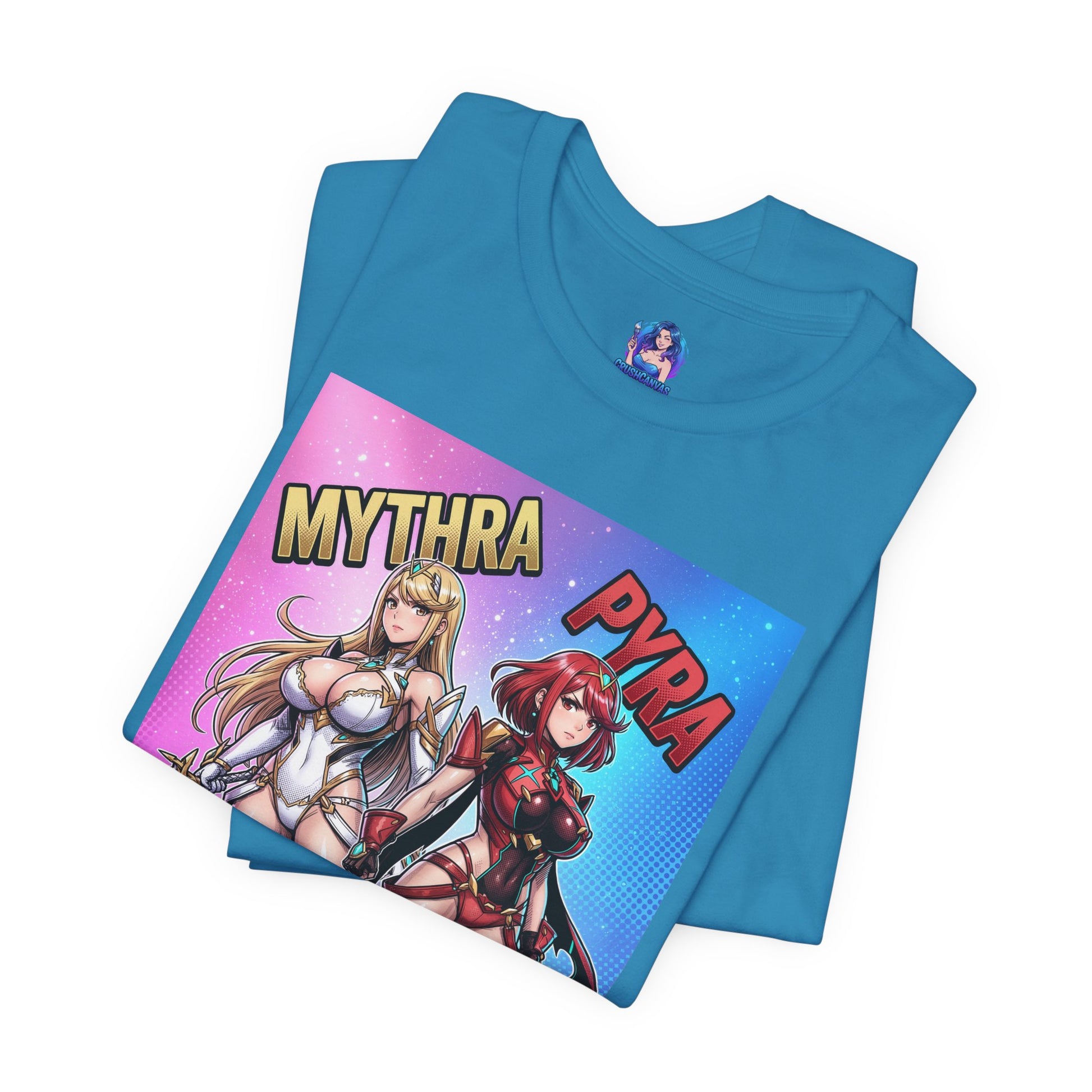 Mythra and Pyra T-Shirt | Anime Tee for Gamers showing Mythra and Pyra illustration on a blue Bella Canvas tee