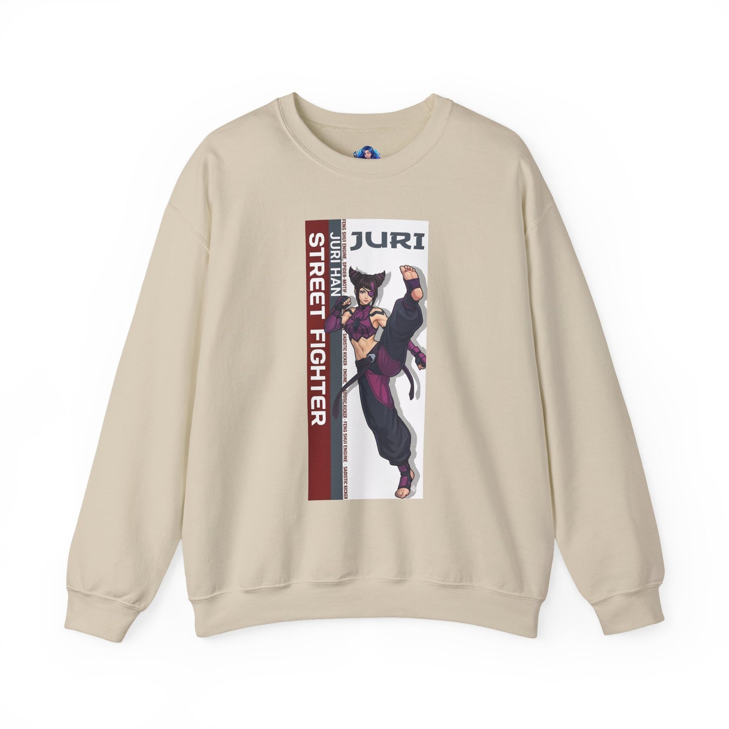 Juri Sweatshirt, Street Fighter Crewneck, Bold Fighting Game Apparel for Fans showing Juri character art on beige premium crewneck