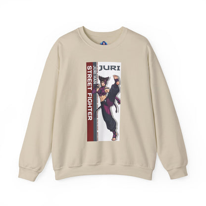 Juri Sweatshirt, Street Fighter Crewneck, Bold Fighting Game Apparel for Fans showing Juri character art on beige premium crewneck