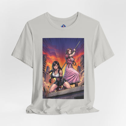 Tifa Lockhart and Aerith Gainsborough T-Shirt | Final Fantasy Duo Anime Tee - anime-style duo on urban rooftop, Tifa close-combat and Aerith with staff
