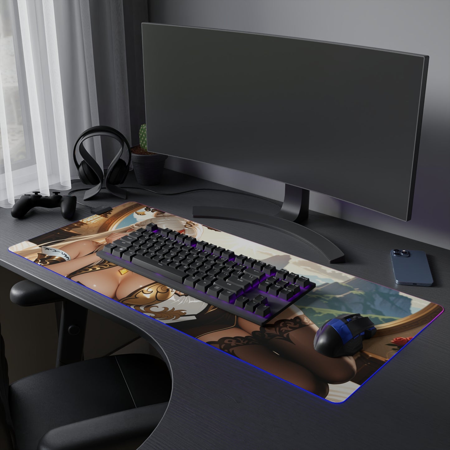 Ningguang Desk Mat – LED RGB Pad, Waifu Anime Girl Gaming Setup
