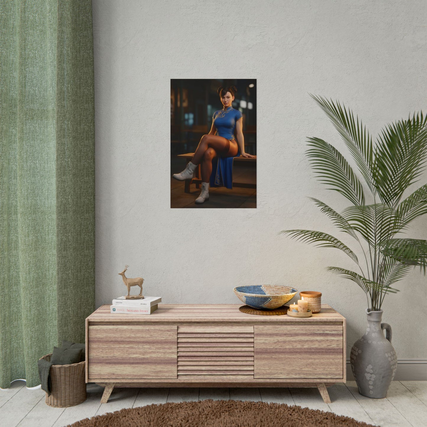 Chun-Li Poster, Street Fighter Art Print – Iconic Arcade Fighter Gift showcasing Chun-Li in blue qipao wall art for gaming room decor