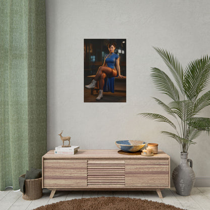 Chun-Li Poster, Street Fighter Art Print – Iconic Arcade Fighter Gift showcasing Chun-Li in blue qipao wall art for gaming room decor