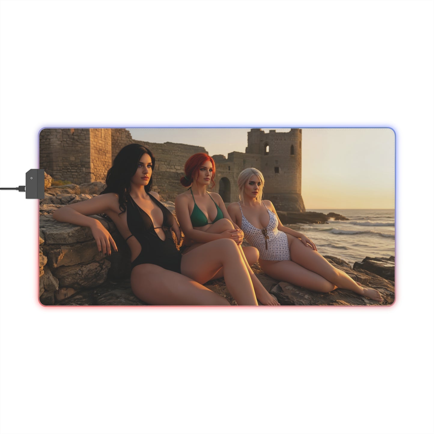 Ciri, Triss Merigold & Yennefer Desk Mat – LED RGB Pad featuring Ciri, Triss and Yennefer seated on a coastal beach at sunset