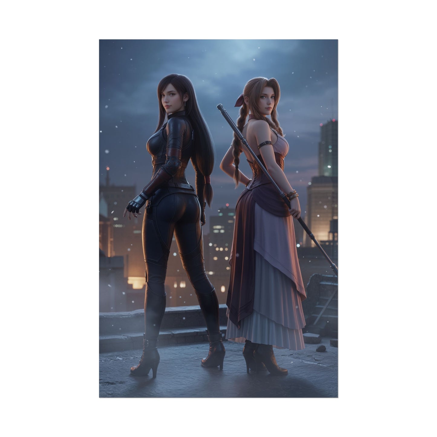 Tifa and Aerith Poster, Final Fantasy Art Print – Duo Wall Art featuring Tifa in combat suit and Aerith with staff on rooftop at night