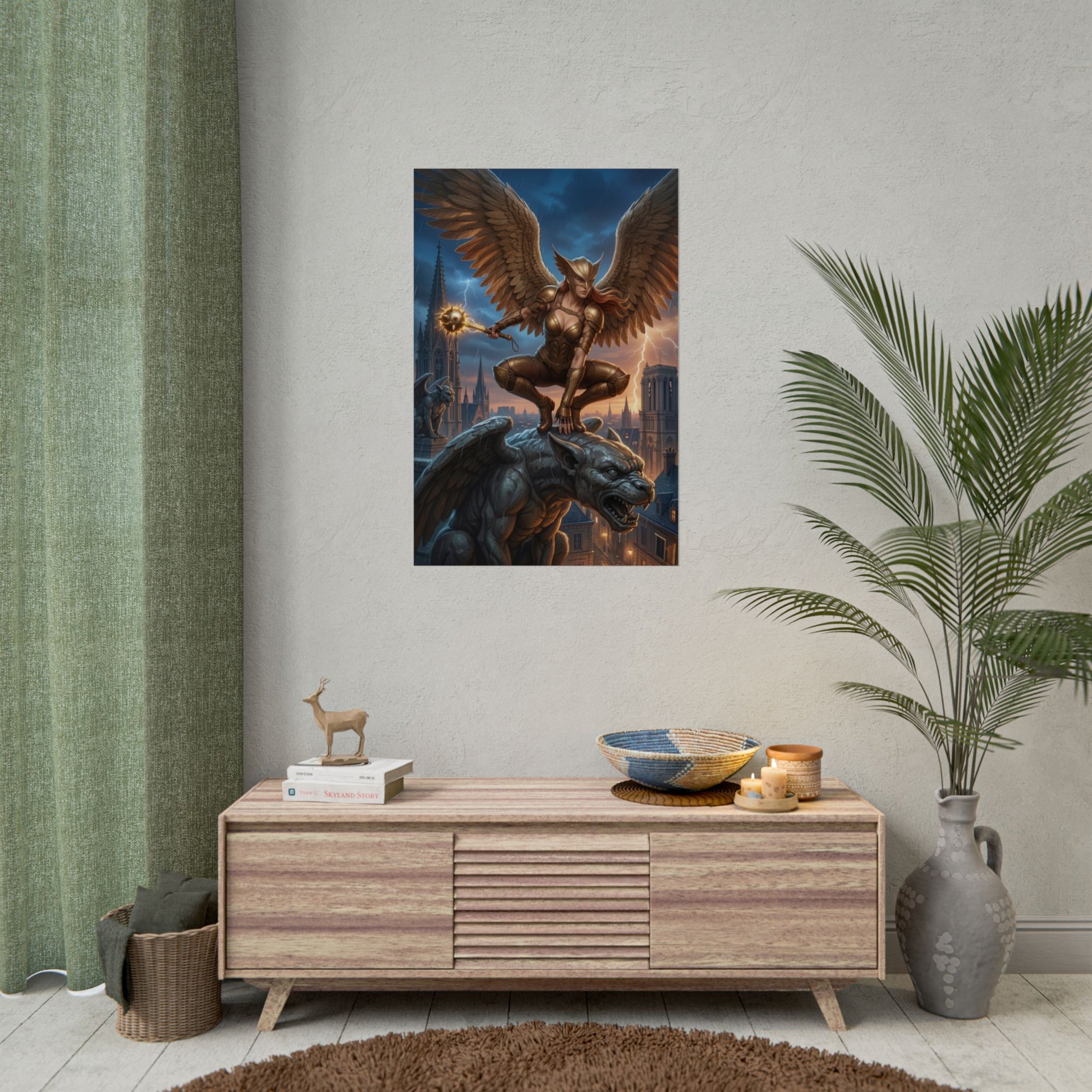 Hawkgirl Poster, DC Comics Art Print – Superhero Wall Art showing fierce Hawkgirl perched over a gargoyle in a gamer room display