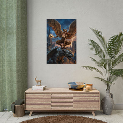 Hawkgirl Poster, DC Comics Art Print – Superhero Wall Art showing fierce Hawkgirl perched over a gargoyle in a gamer room display
