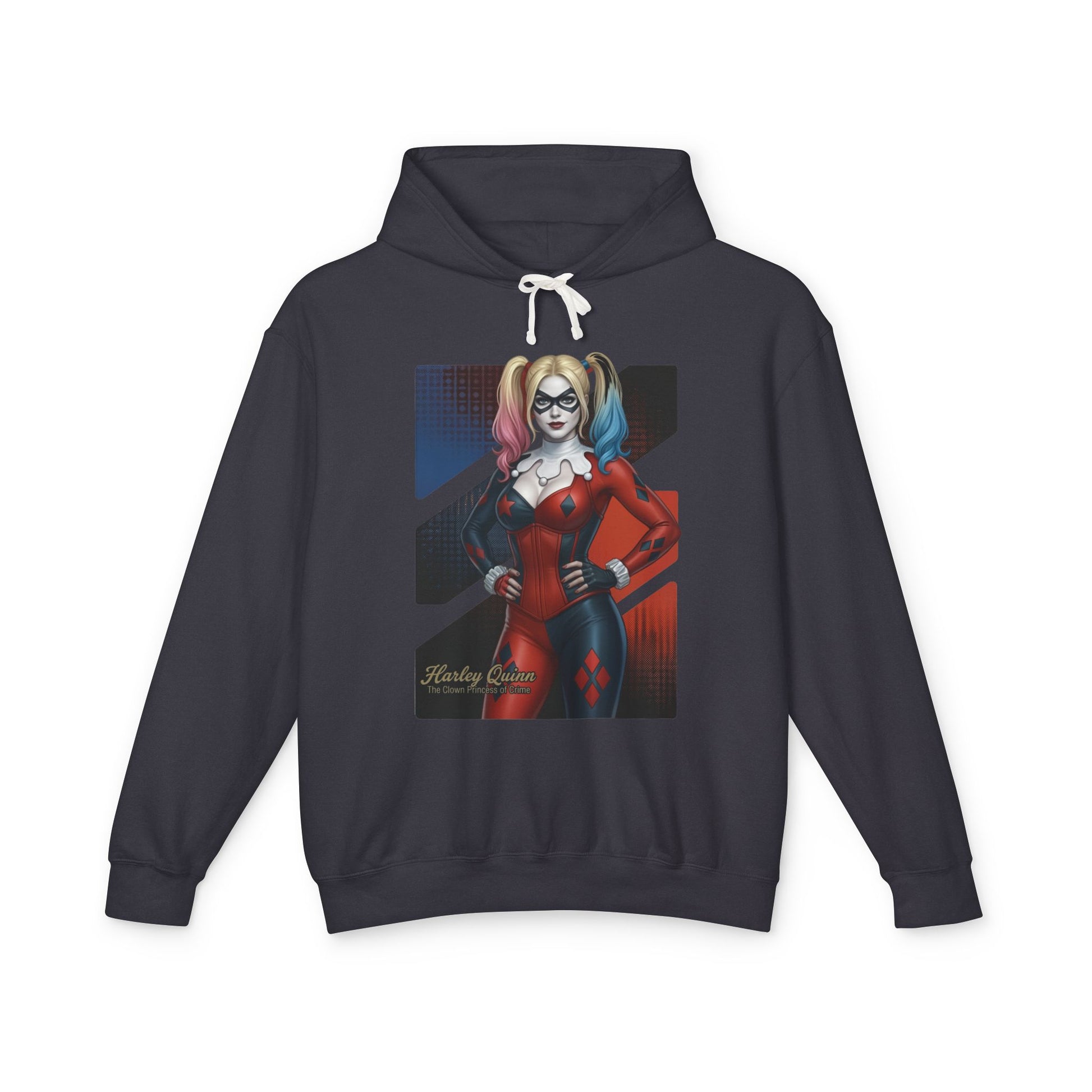 Harley Quinn Hoodie | DC Comics Hoodie | Anime Villain Girl Pullover – black pullover with anime-style Harley Quinn graphic, playful rebellious design