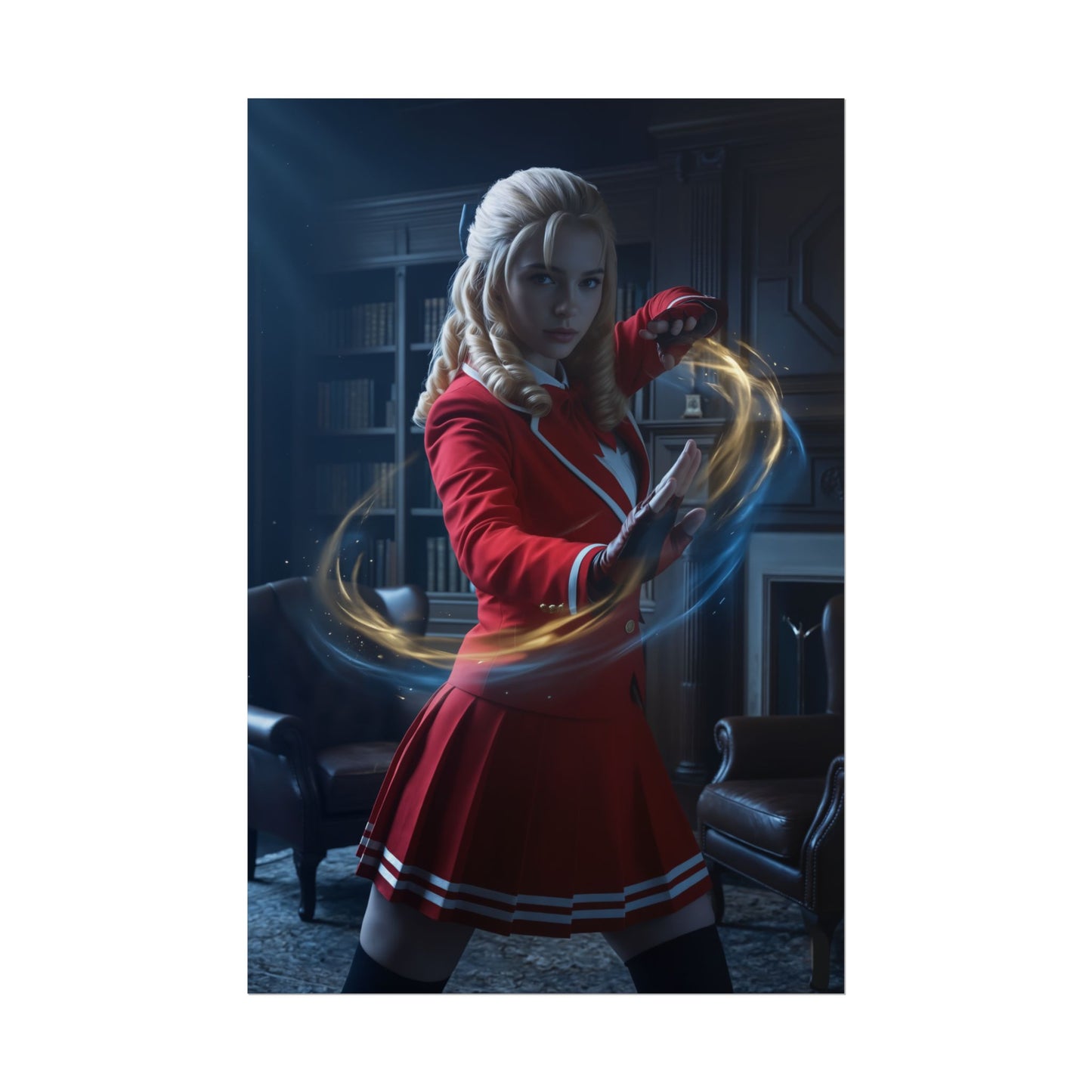 Karin Poster, Street Fighter Art Print – Iconic Fighting Game Heroine: elegant red-uniform character casting energy in library wall art