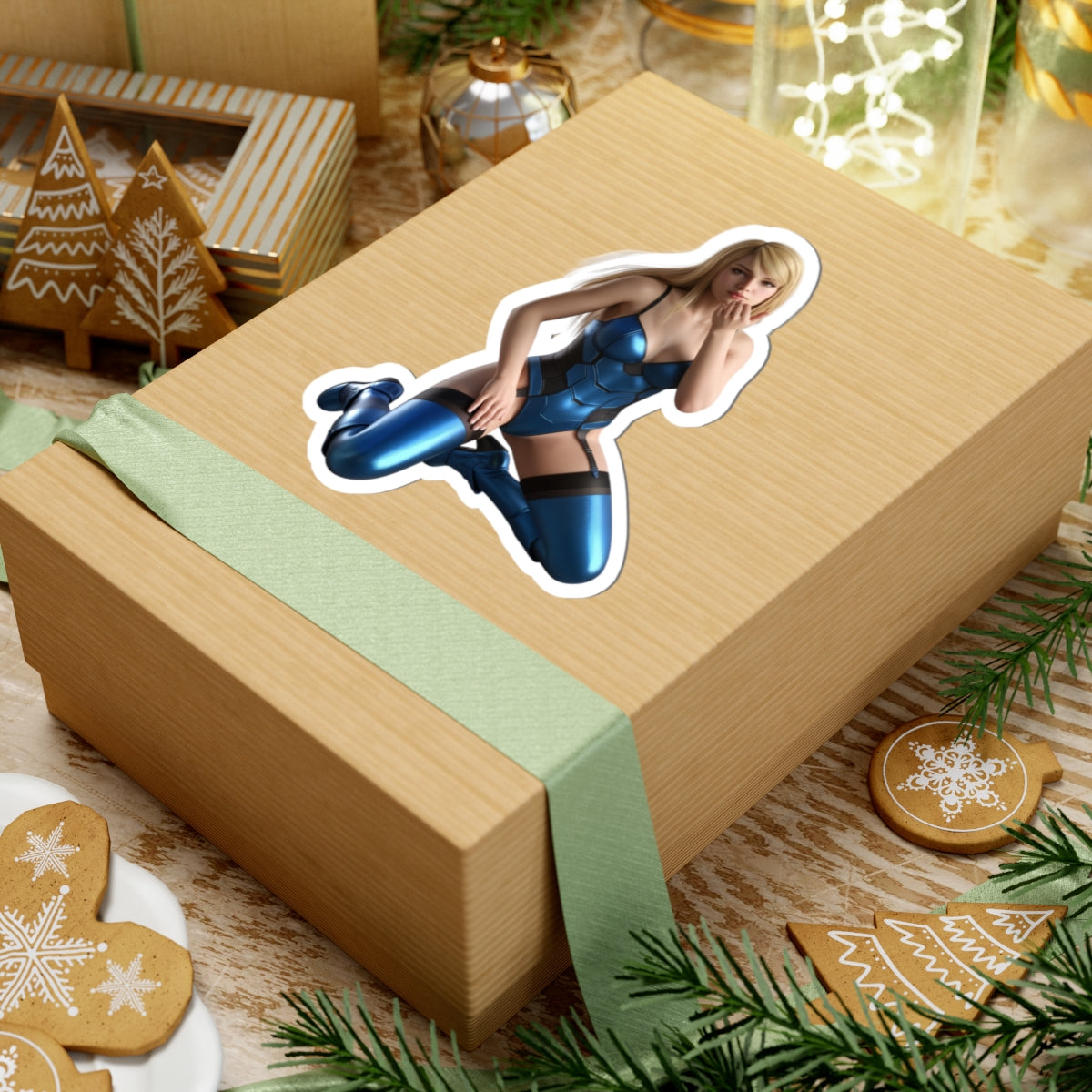 Samus Aran Sticker – Sci-Fi Game Vinyl Sticker for Laptops & Indoor Decor on glossy vinyl applied to a wrapped gift box