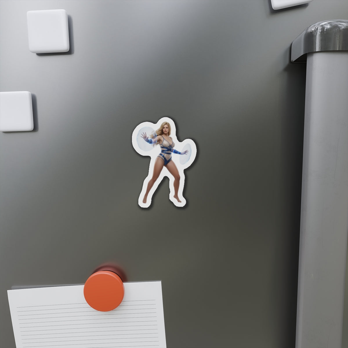 Invisible Woman Magnet – Marvel Heroine Fridge Magnet, Anime Style Decor die-cut vinyl fridge magnet showing anime-style Invisible Woman artwork