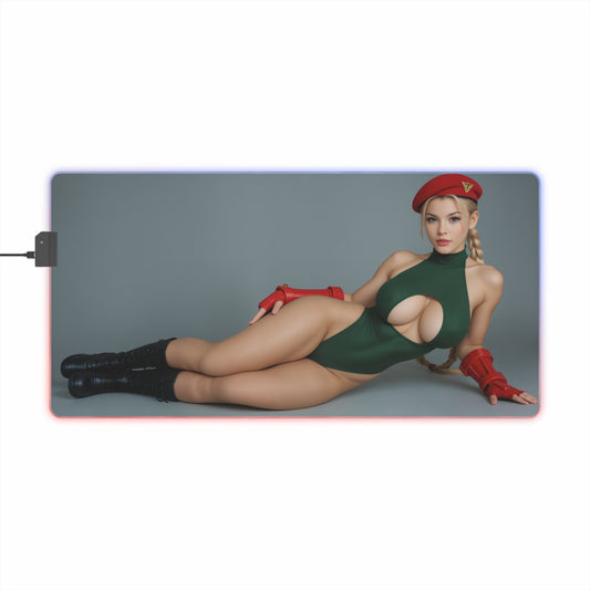 Cammy White Desk Mat – LED RGB Pad, Waifu Anime Girl Gaming Setup featuring reclining Cammy pose on RGB-lit precision cloth surface