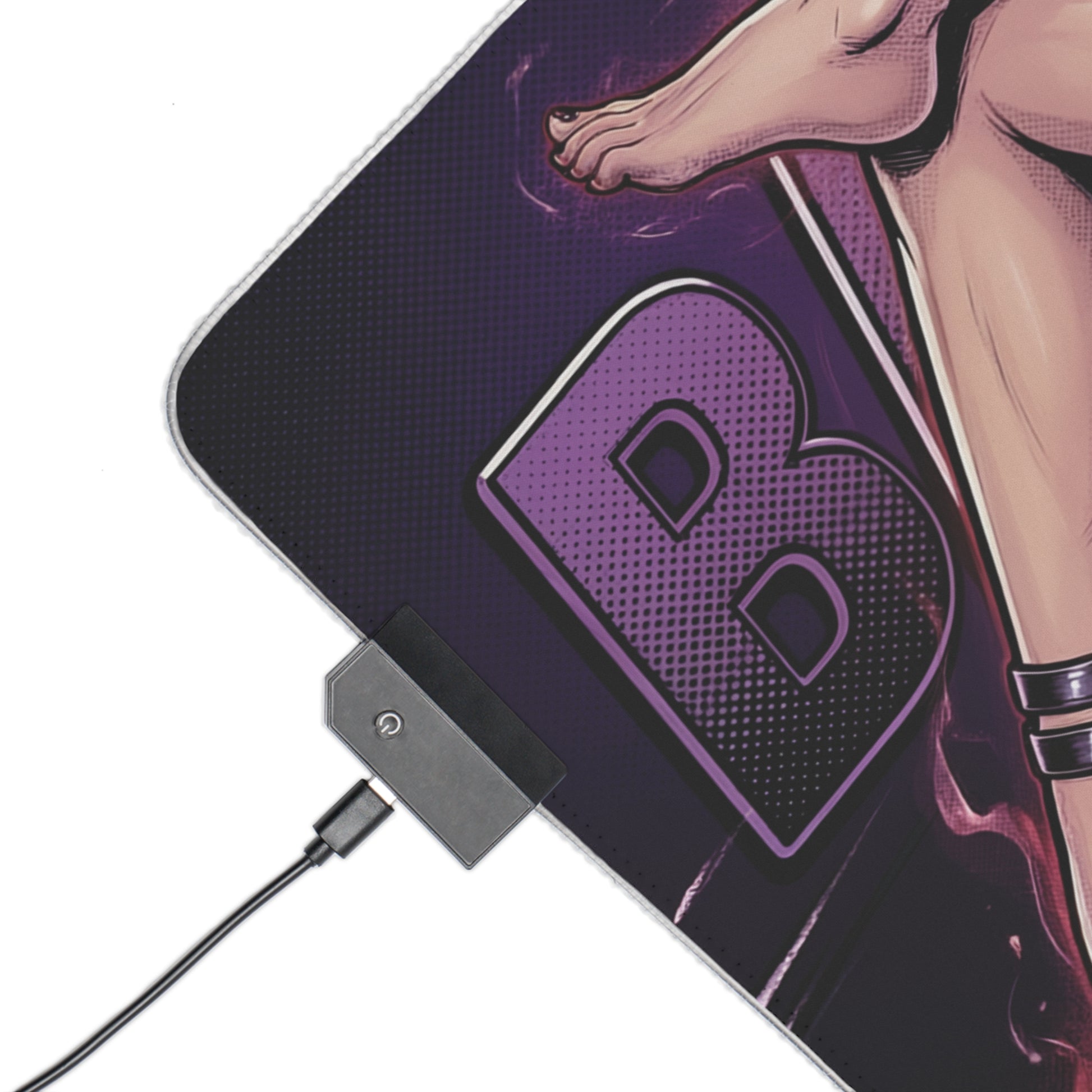 Bayonetta RGB Desk Mat, Action Game Gaming Mouse Pad, LED Desk Mat for Gamer Setup showing purple character art corner and USB RGB controller
