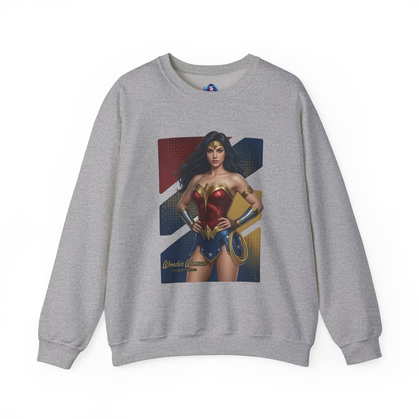 Wonder Woman Sweatshirt, DC Comics Crewneck, Legendary Superhero Apparel for Fans featuring iconic armor print on grey cozy crewneck