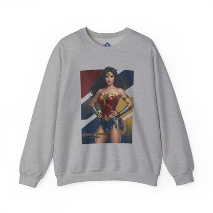 Wonder Woman Sweatshirt, DC Comics Crewneck, Legendary Superhero Apparel for Fans featuring iconic armor print on grey cozy crewneck