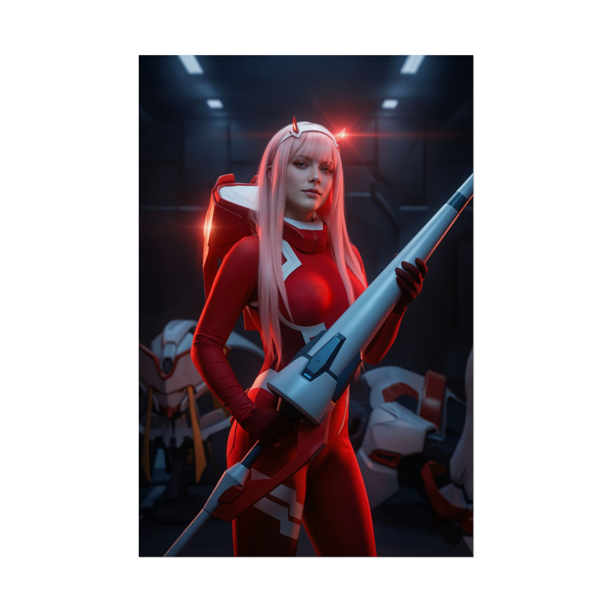 Zero Two Poster, Darling in the Franxx Art Print  Iconic Anime Heroine: stylized Zero Two cosplay holding rifle in futuristic mech bay
