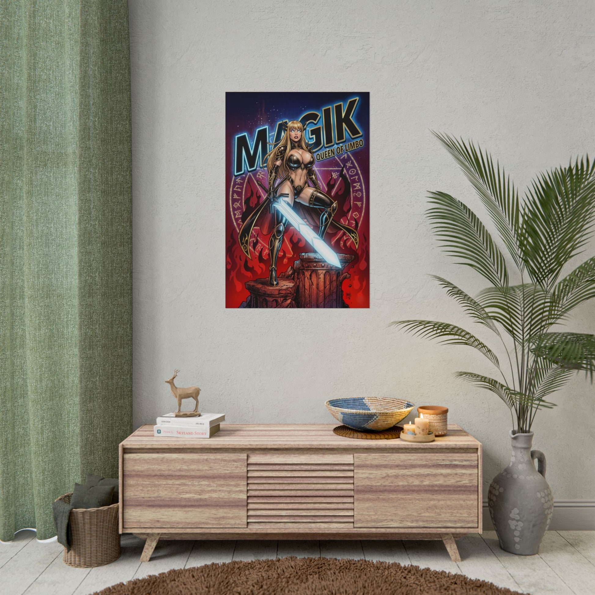 Magik Poster / Magik Wall Art / Magik Art Print / Marvel Poster showing dark fantasy heroine with soul sword and fiery arcane backdrop