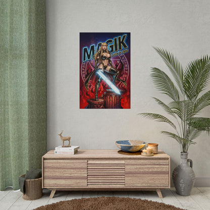 Magik Poster / Magik Wall Art / Magik Art Print / Marvel Poster showing dark fantasy heroine with soul sword and fiery arcane backdrop