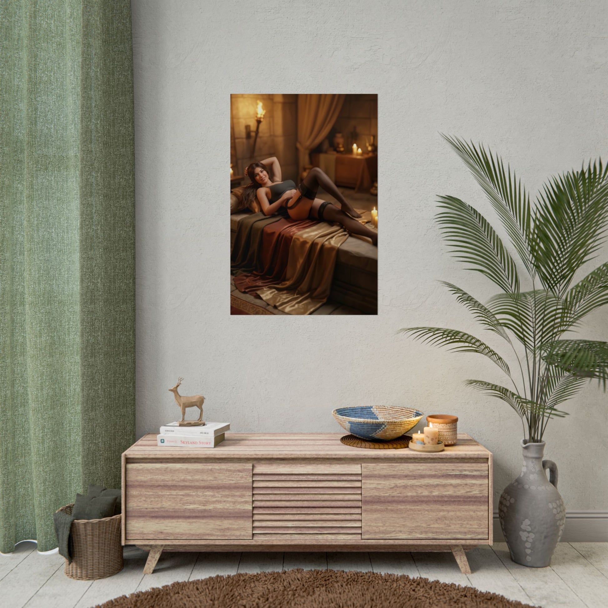 Lara Croft Poster, Tomb Raider Art Print – Iconic Adventure Heroine featuring Lara Croft reclining in warm-toned explorer room wall art