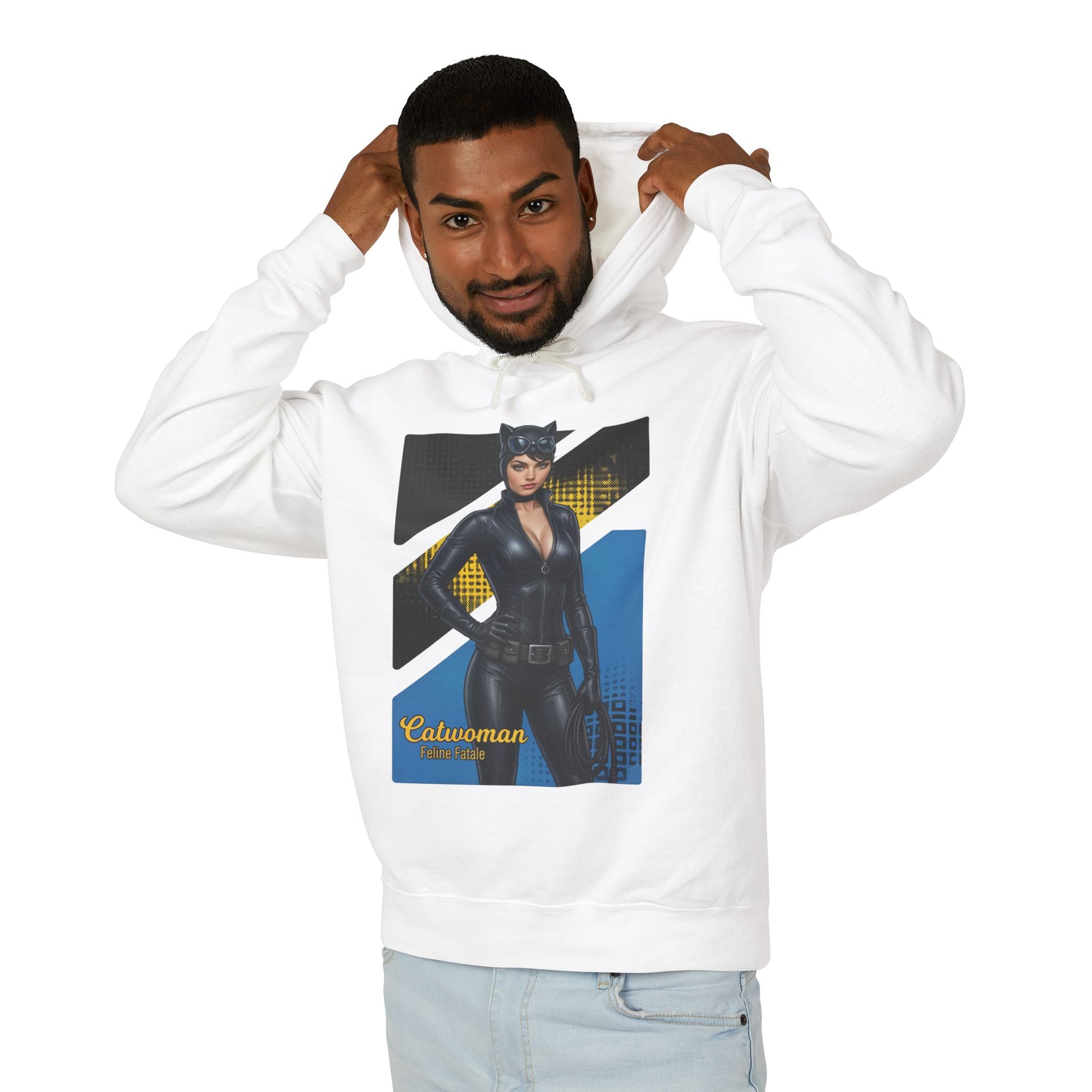 Catwoman Hoodie | DC Comics Hoodie | Anime Gotham Anti-Heroine Pullover - white pullover featuring anime-style Catwoman graphic on model