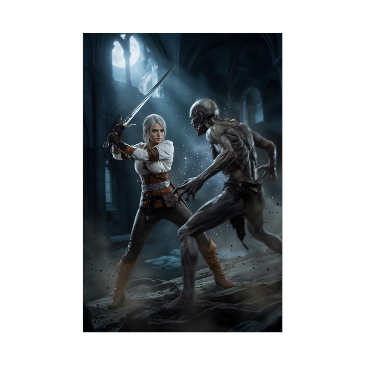 Ciri Poster, The Witcher Art Print, Iconic Warrior Character Wall Decor - Ciri in cathedral battle pose confronting a ghoul
