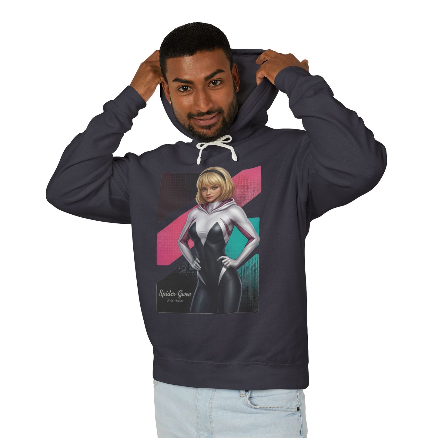 Spider-Gwen Hoodie | Marvel Comics Hoodie | Anime Spider Heroine Pullover - model wearing black pullover with anime Spider-Gwen graphic