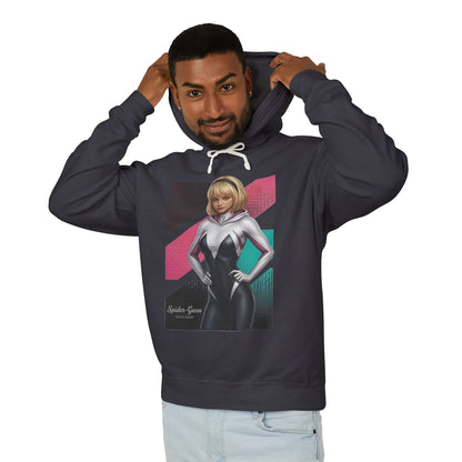 Spider-Gwen Hoodie | Marvel Comics Hoodie | Anime Spider Heroine Pullover - model wearing black pullover with anime Spider-Gwen graphic