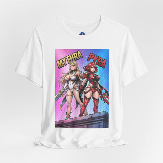 Mythra and Pyra T-Shirt | Anime Tee for Gamers - white Bella Canvas tee featuring side-by-side anime illustration of Mythra and Pyra