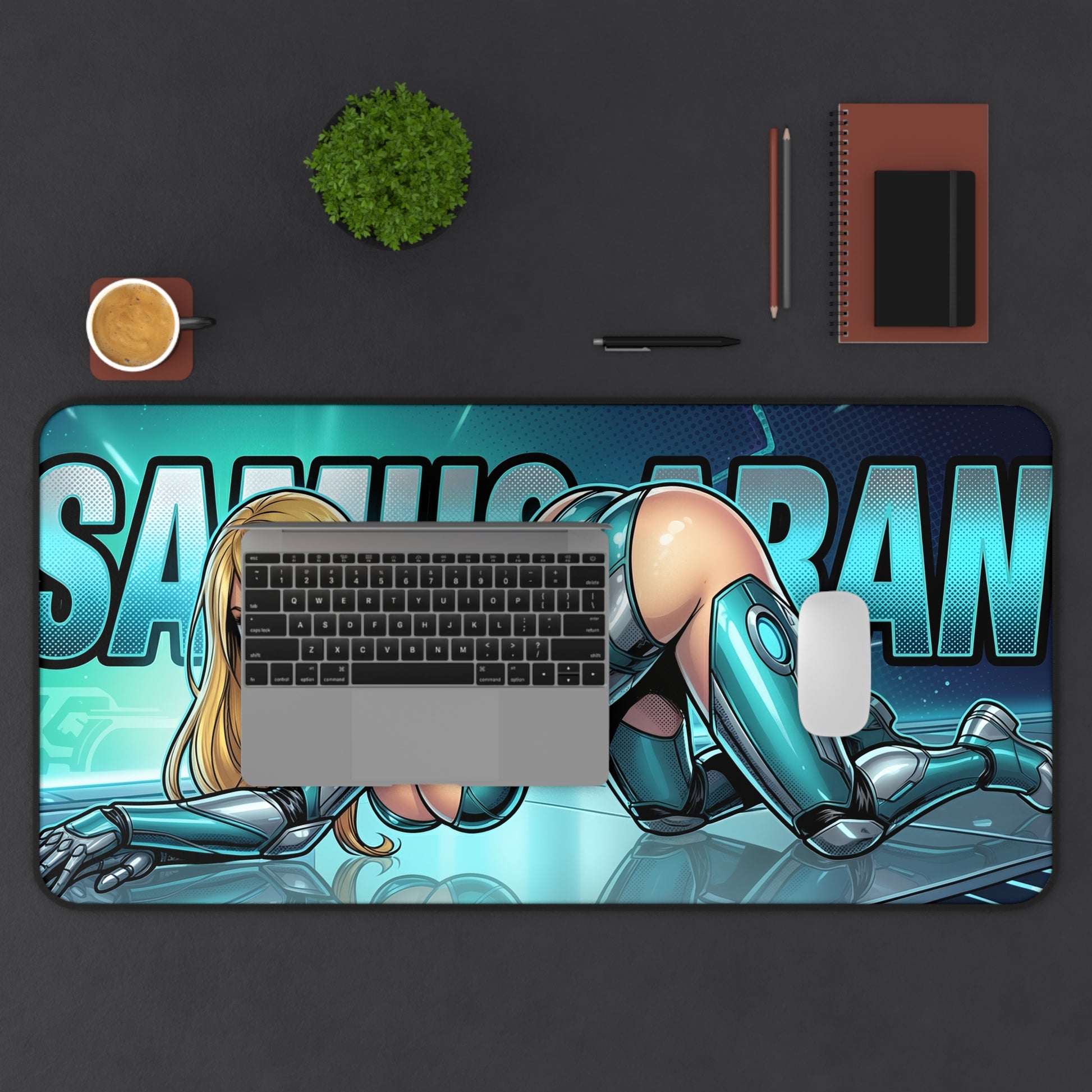 Samus Aran Desk Mat, Sci-Fi Action Mouse Pad, Gaming Setup Desk Decor featuring dynamic bounty-hunter artwork, smooth glide surface and stitched edges