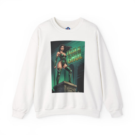 Talia al Ghul Sweatshirt, DC Comics Character Art, Premium Fan Apparel — white crewneck with green Talia al Ghul comic artwork