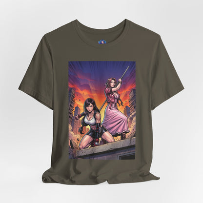 Tifa Lockhart and Aerith Gainsborough T-Shirt | Final Fantasy Duo Anime Tee - anime-style urban battle print on Bella Canvas 3001 tee
