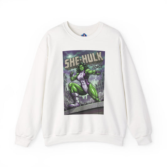 She-Hulk Sweatshirt, Marvel Crewneck, Powerful Superhero Fan Apparel - white crewneck featuring bold comic-style She-Hulk graphic