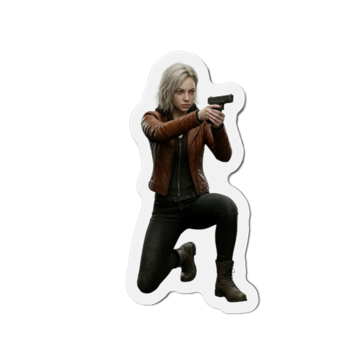 Grace Ashcroft Magnet, Resident Evil Fridge Magnet, Survival Horror Game Decor — premium vinyl magnet showing Grace Ashcroft kneeling with pistol, matte finish