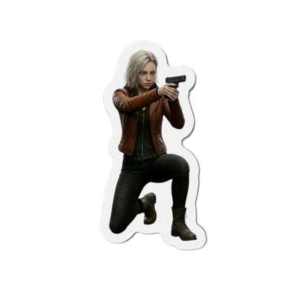 Grace Ashcroft Magnet, Resident Evil Fridge Magnet, Survival Horror Game Decor — premium vinyl magnet showing Grace Ashcroft kneeling with pistol, matte finish