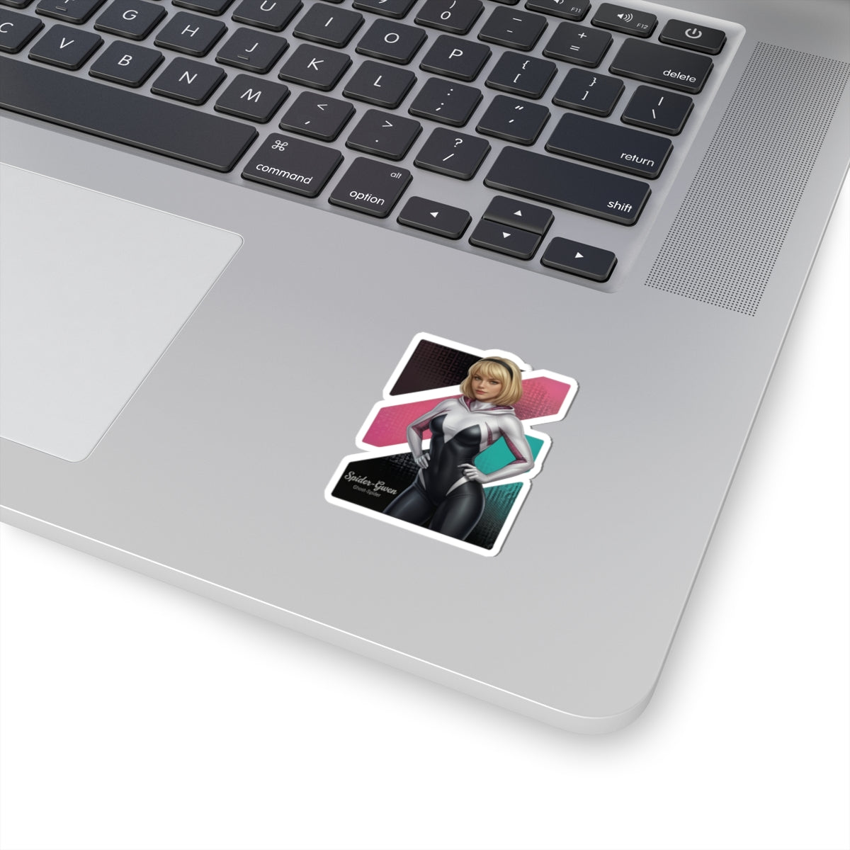 Spider-Gwen Sticker – Superhero Vinyl Sticker for Laptops & Indoor Decor on silver laptop corner showing glossy vibrant print and bubble-free application